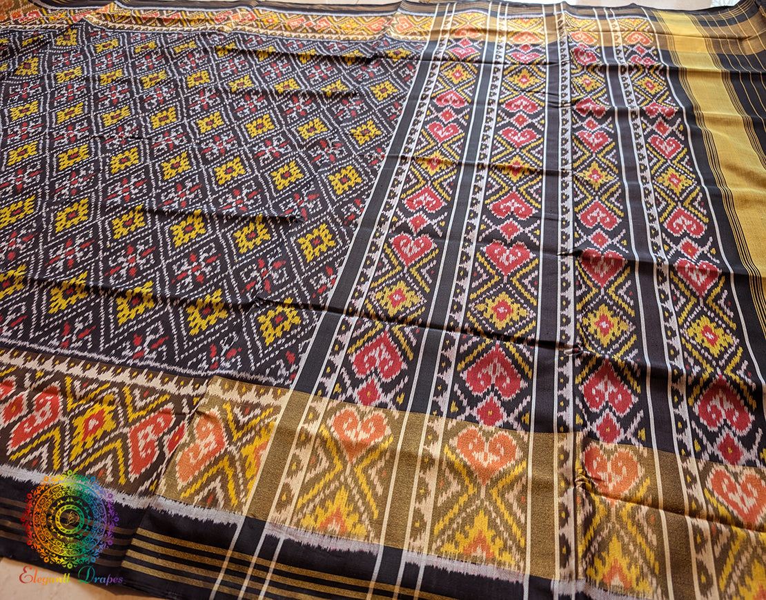 Black Pure Mulberry Silk Rajkot Patola Saree – Handloom Saree Online India | Elegantt Drapes