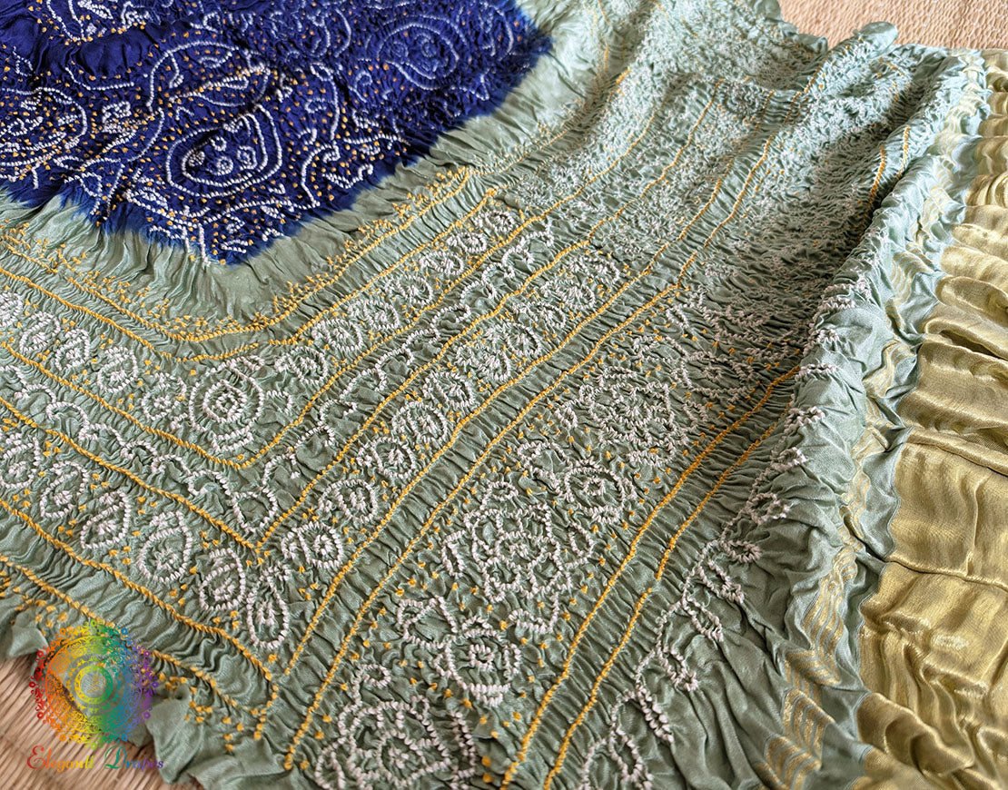 Blue Sea Green Gaji Silk Bandhani Dupatta – Bandhani Saree Online India | Elegantt Drapes