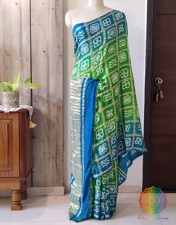 Blue Green Gharchola Bandhani saree with traditional Gujarati tie dye