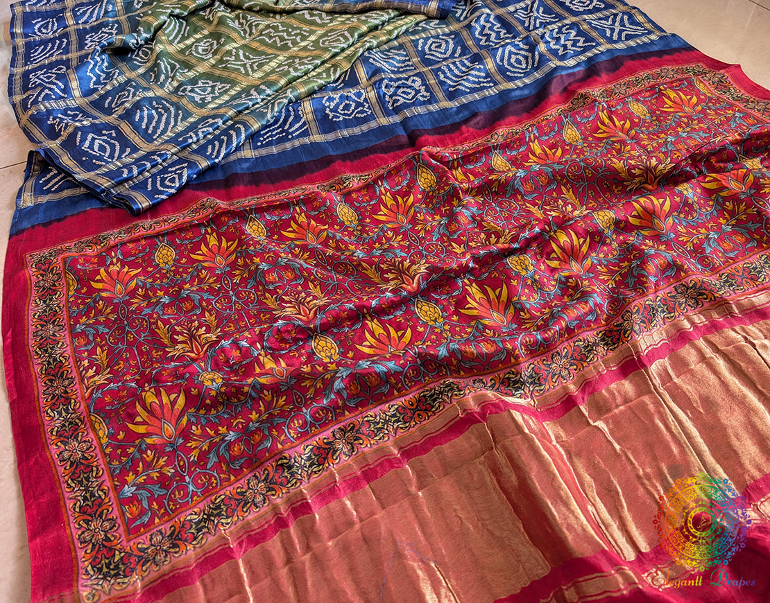 Blue Olive Shaded Gharchola Gaji Silk Bandhani Saree – Bandhani Saree Online India | Elegantt Drapes