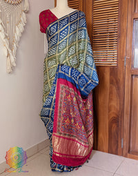 Blue Olive Shaded Gharchola Gaji Silk Bandhani Saree – Bandhani Saree Online India | Elegantt Drapes