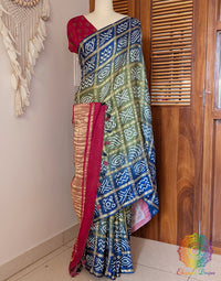 Blue Olive Shaded Gharchola Gaji Silk Bandhani Saree – Bandhani Saree Online India | Elegantt Drapes