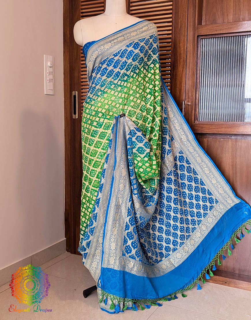 Blue Green Banarasi Bandhani Khaddi Georgette Saree – Bandhani Saree Online India | Elegantt Drapes