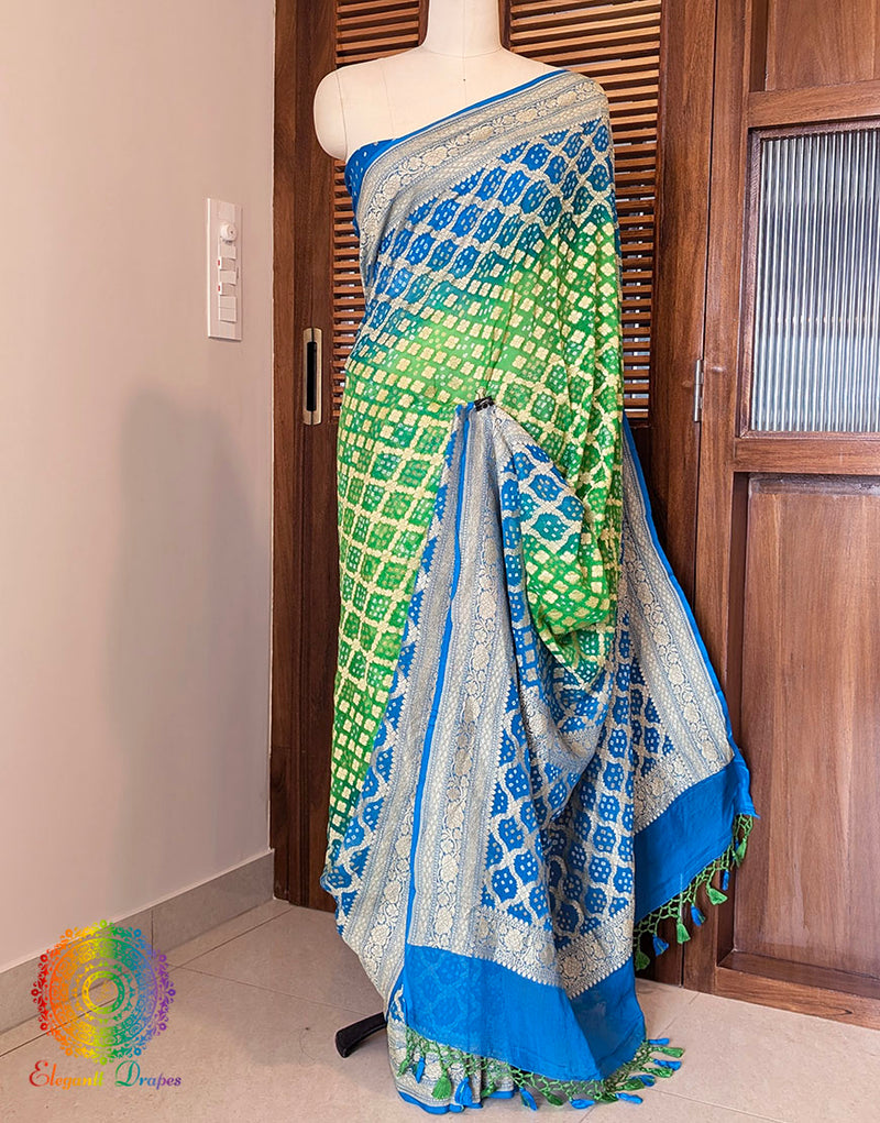Blue Green Banarasi Bandhani Khaddi Georgette Saree – Bandhani Saree Online India | Elegantt Drapes