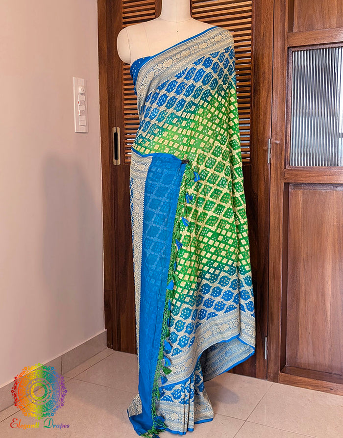 Blue Green Banarasi Bandhani Khaddi Georgette Saree – Bandhani Saree Online India | Elegantt Drapes