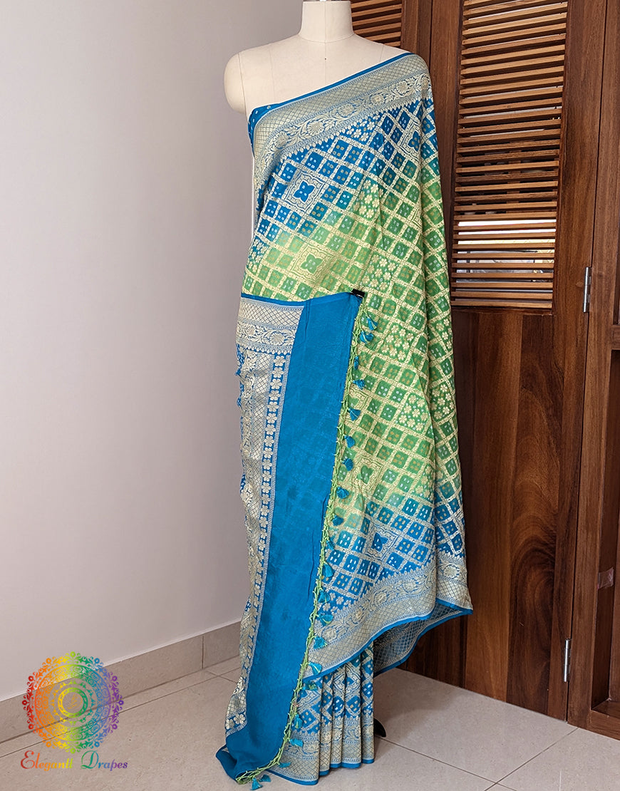 Blue Green Shaded Banarasi Bandhani Khaddi Georgette Saree – Bandhani Saree Online India | Elegantt Drapes