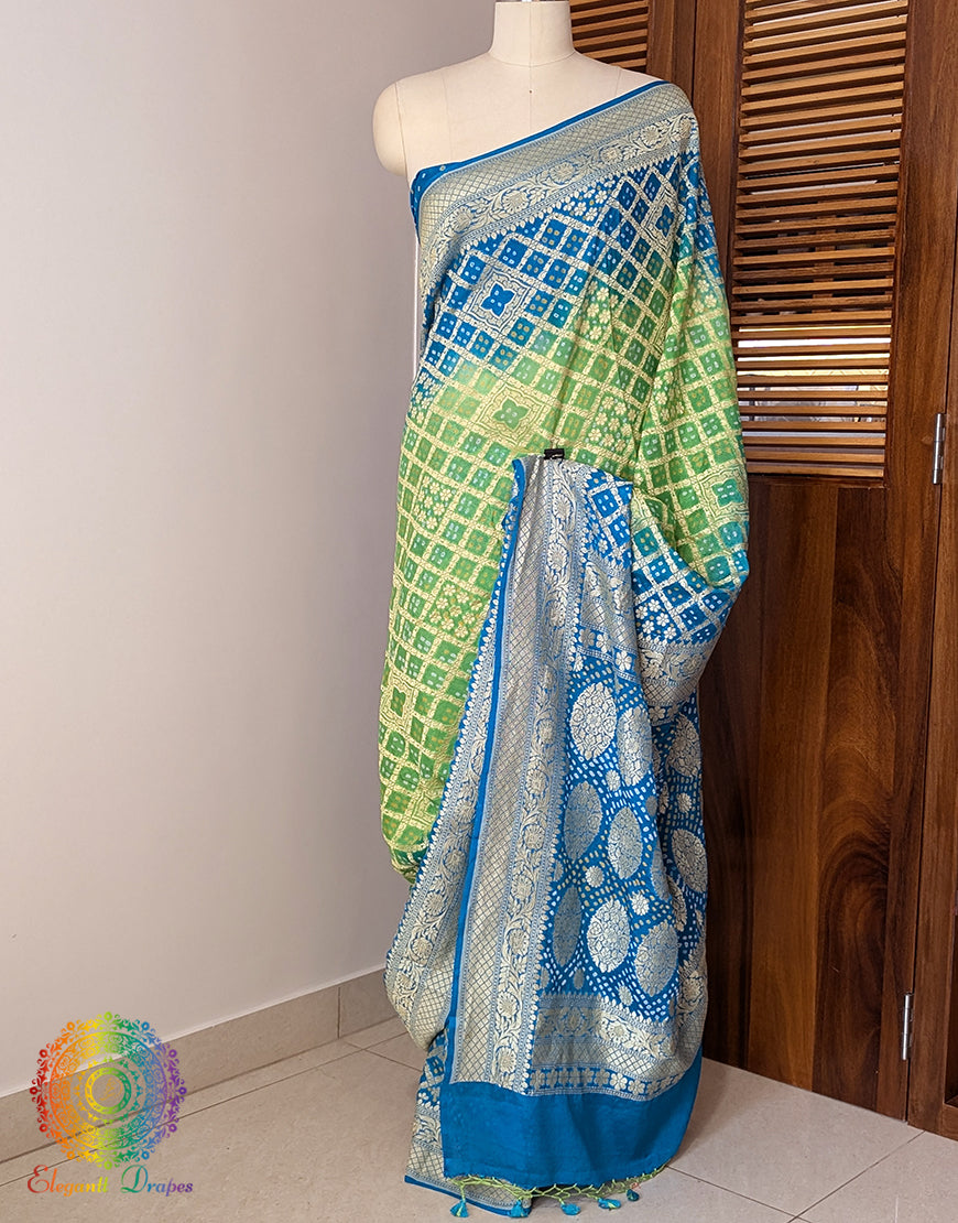 Blue Green Shaded Banarasi Bandhani Khaddi Georgette Saree – Bandhani Saree Online India | Elegantt Drapes