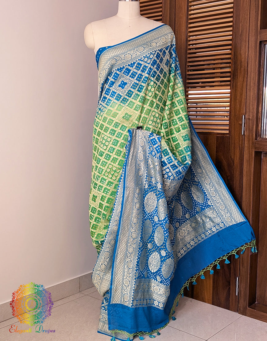 Blue Green Shaded Banarasi Bandhani Khaddi Georgette Saree – Bandhani Saree Online India | Elegantt Drapes
