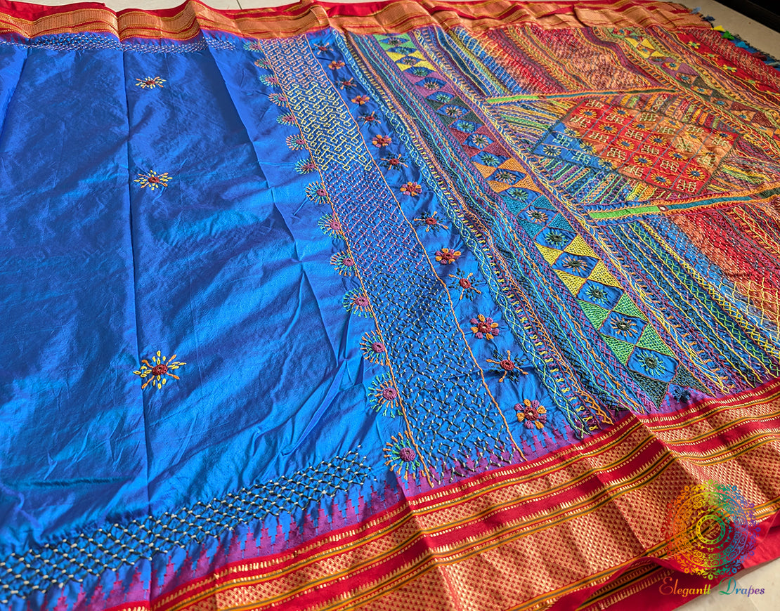 Blue Red Lambani Handwork Pure Ilkal Silk Saree – Ilkal Handloom Saree Online India | Elegantt Drapes
