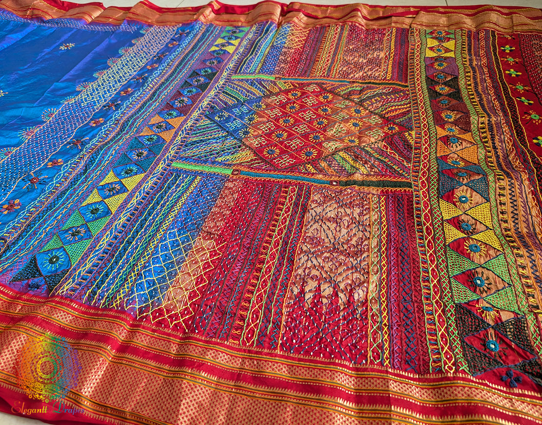 Blue Red Lambani Handwork Pure Ilkal Silk Saree – Ilkal Handloom Saree Online India | Elegantt Drapes