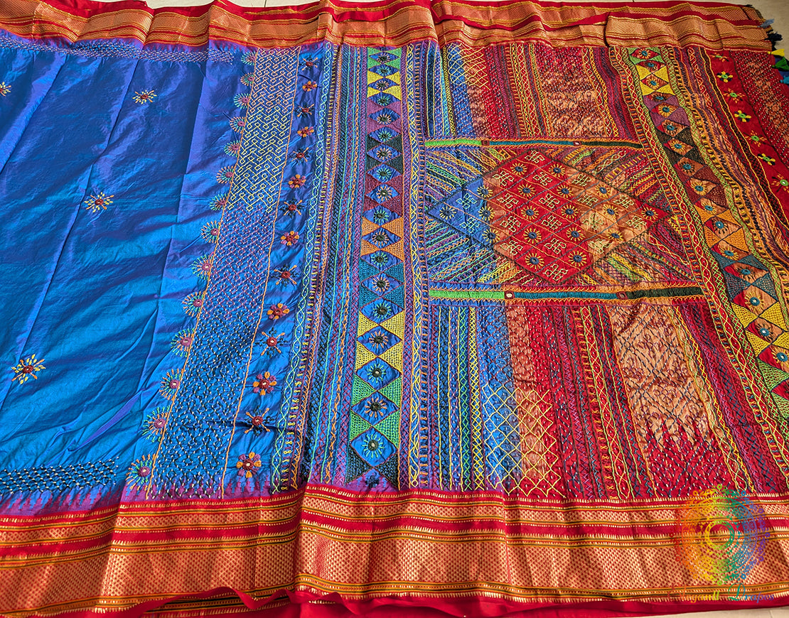 Blue Red Lambani Handwork Pure Ilkal Silk Saree – Ilkal Handloom Saree Online India | Elegantt Drapes