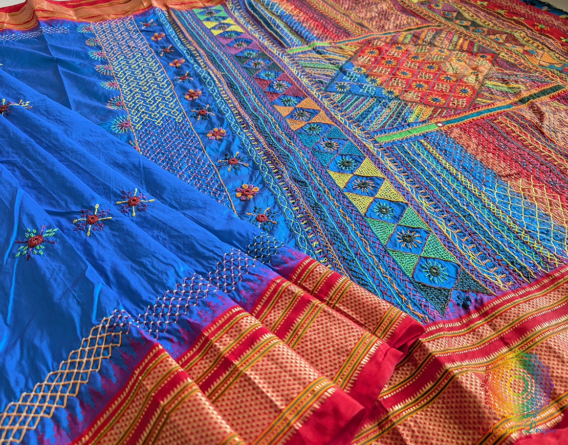 Blue Red Lambani Handwork Pure Ilkal Silk Saree – Ilkal Handloom Saree Online India | Elegantt Drapes