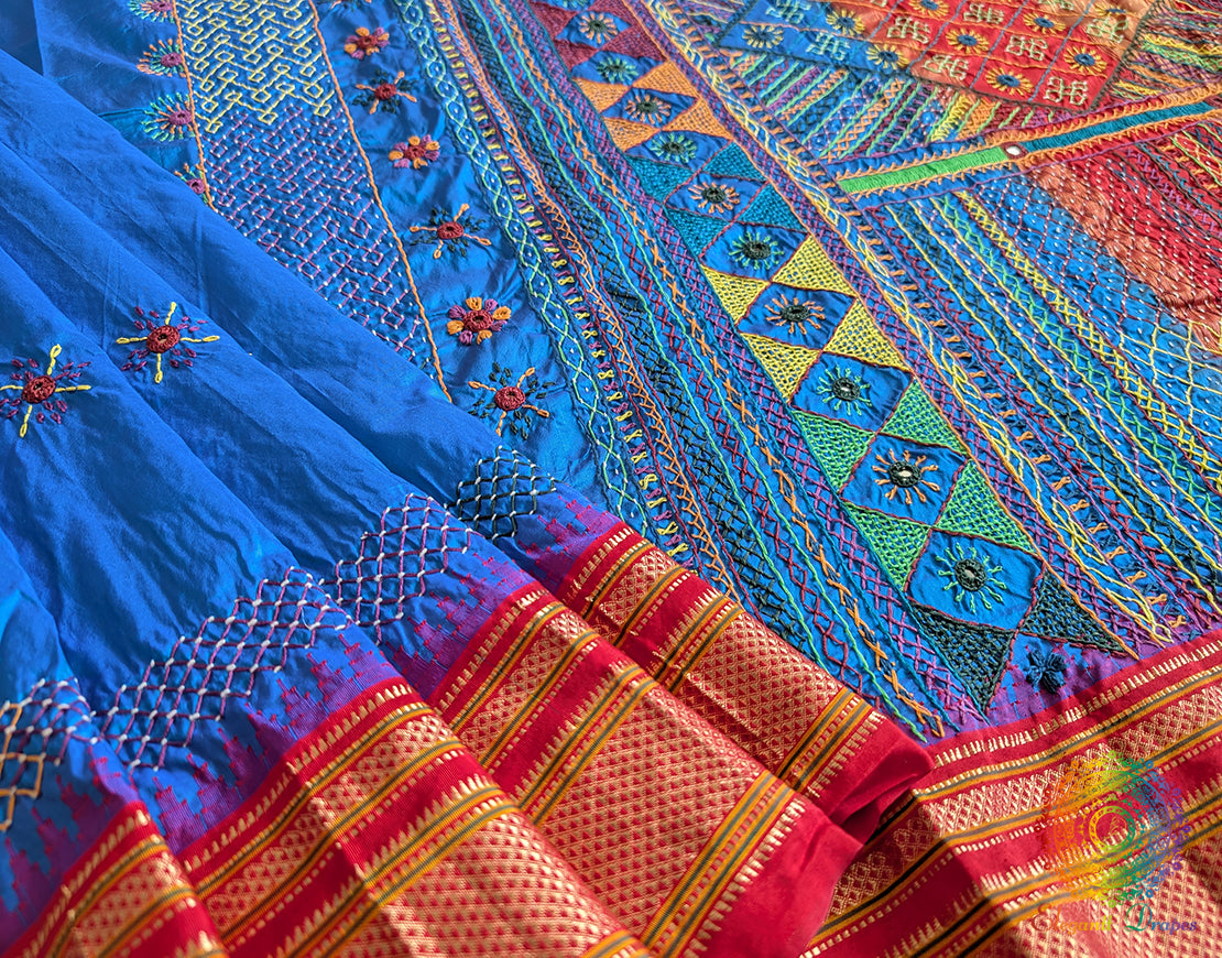 Blue Red Lambani Handwork Pure Ilkal Silk Saree – Ilkal Handloom Saree Online India | Elegantt Drapes