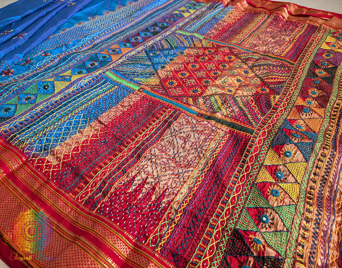 Blue Red Lambani Handwork Pure Ilkal Silk Saree – Ilkal Handloom Saree Online India | Elegantt Drapes