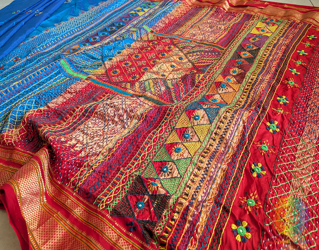 Blue Red Lambani Handwork Pure Ilkal Silk Saree – Ilkal Handloom Saree Online India | Elegantt Drapes