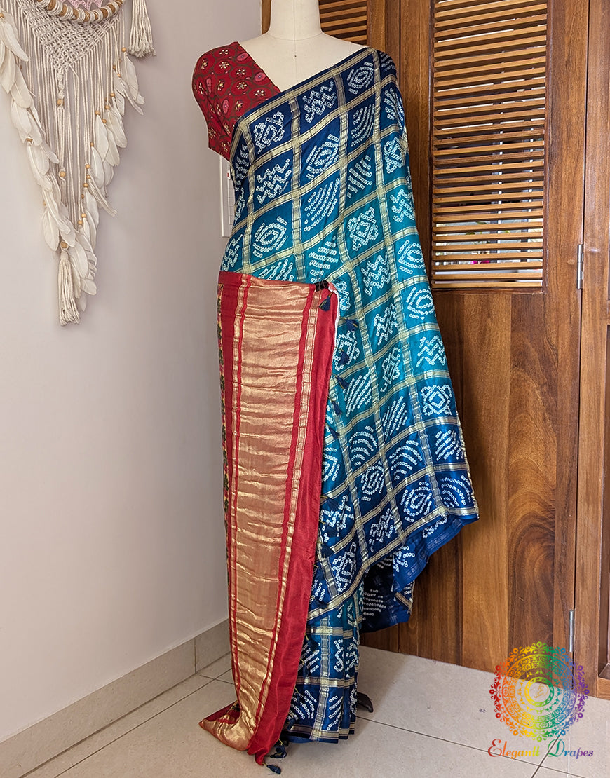 Blue Shaded Gharchola Gaji Silk Bandhani Saree – Bandhani Saree Online India | Elegantt Drapes