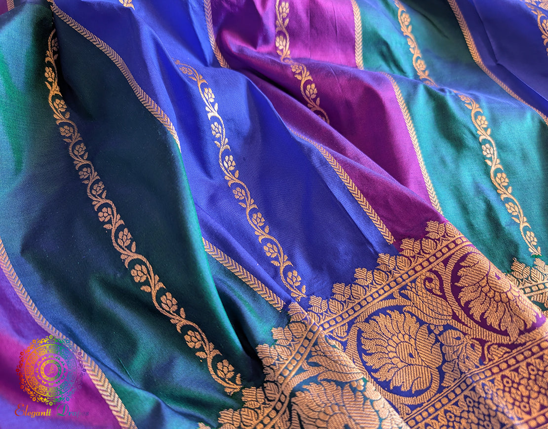 Pallu detail of blue pure Banarasi Katan silk saree