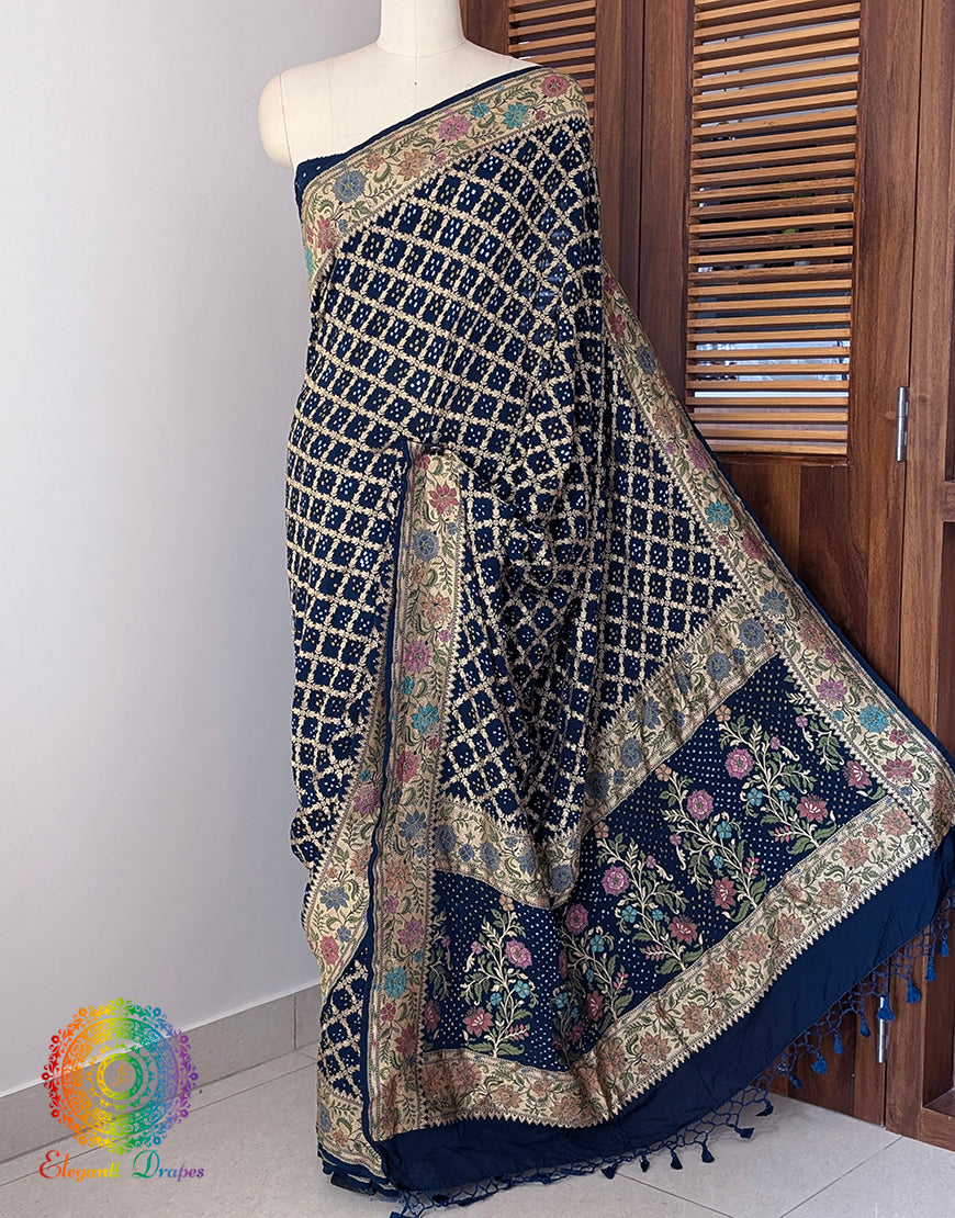 Blue Pure Banarasi Georgette Meenakari Bandhani Saree – Bandhani Saree Online India | Elegantt Drapes