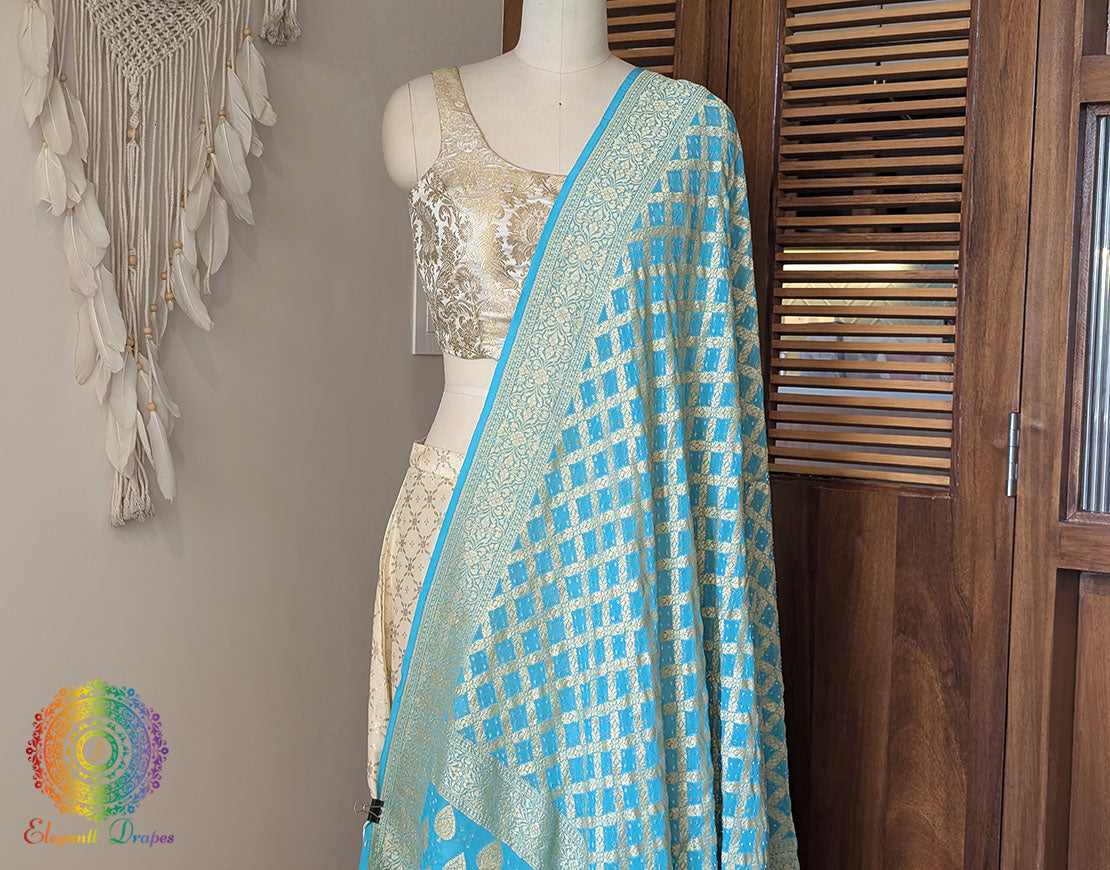 Blue Banarasi Bandhani Georgette Dupatta – Bandhani Saree Online India | Elegantt Drapes