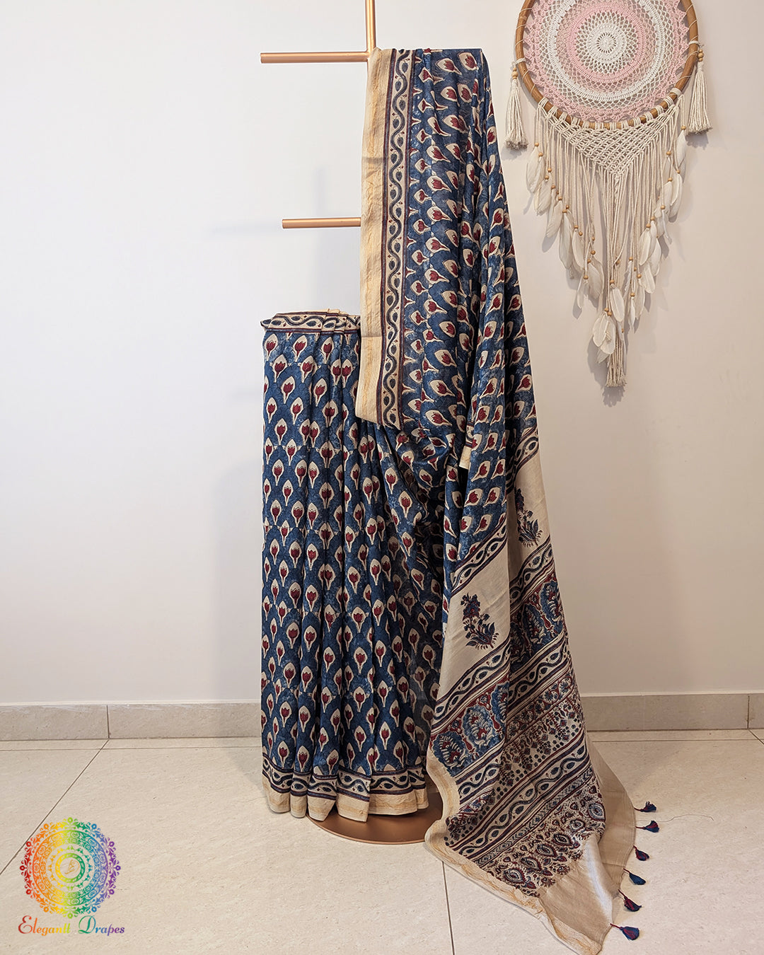 White Indigo Chanderi Ajrakh Saree – Ajrakh Saree Online India | Elegantt Drapes