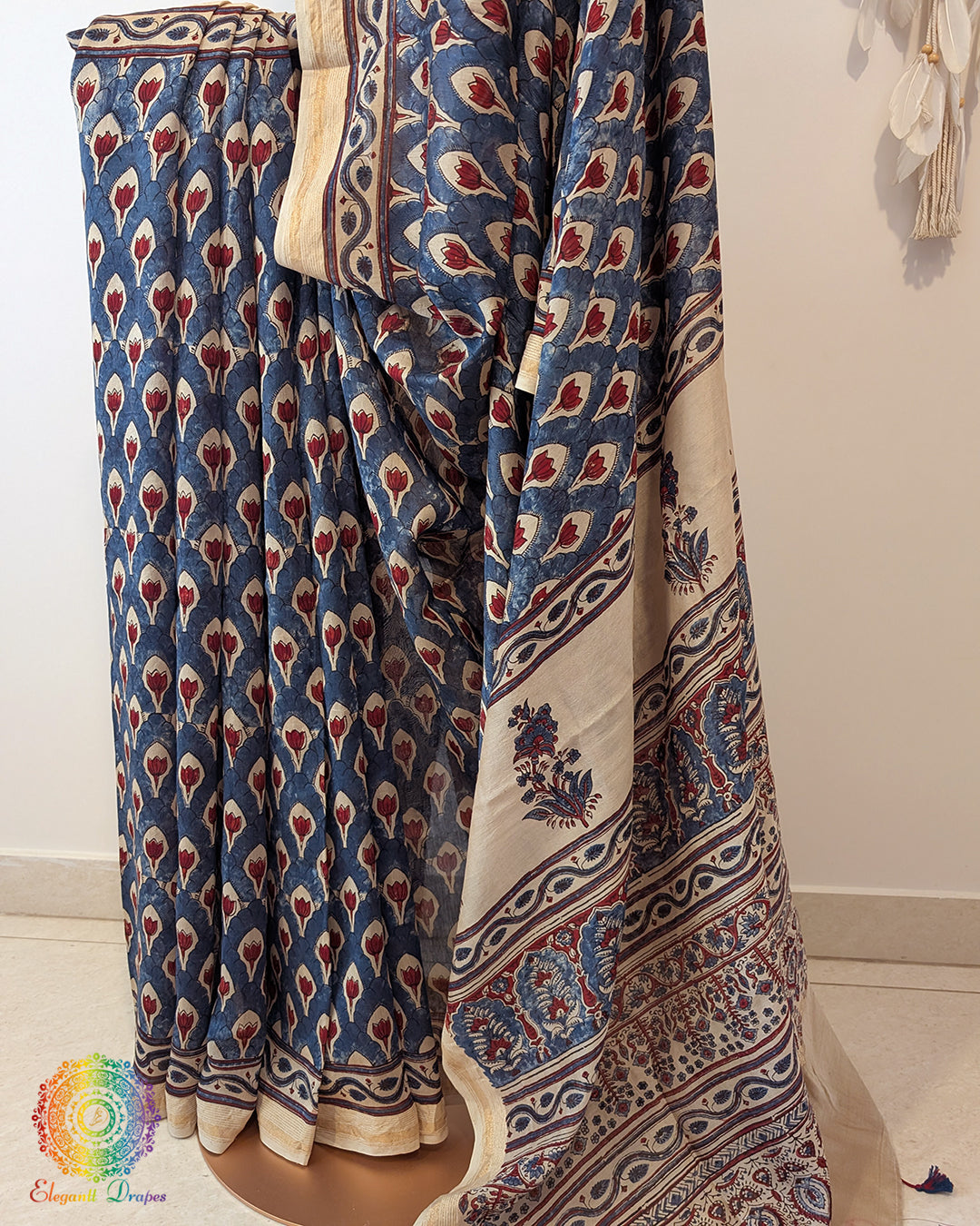 White Indigo Chanderi Ajrakh Saree – Ajrakh Saree Online India | Elegantt Drapes