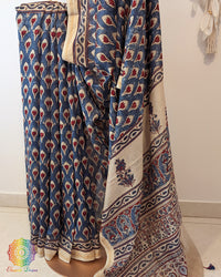 White Indigo Chanderi Ajrakh Saree – Ajrakh Saree Online India | Elegantt Drapes
