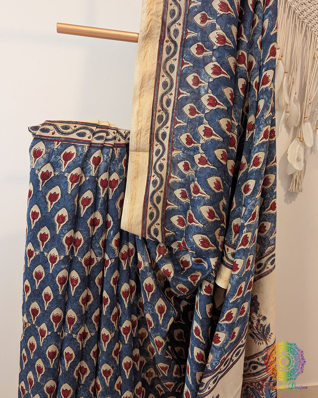 White Indigo Chanderi Ajrakh Saree – Ajrakh Saree Online India | Elegantt Drapes