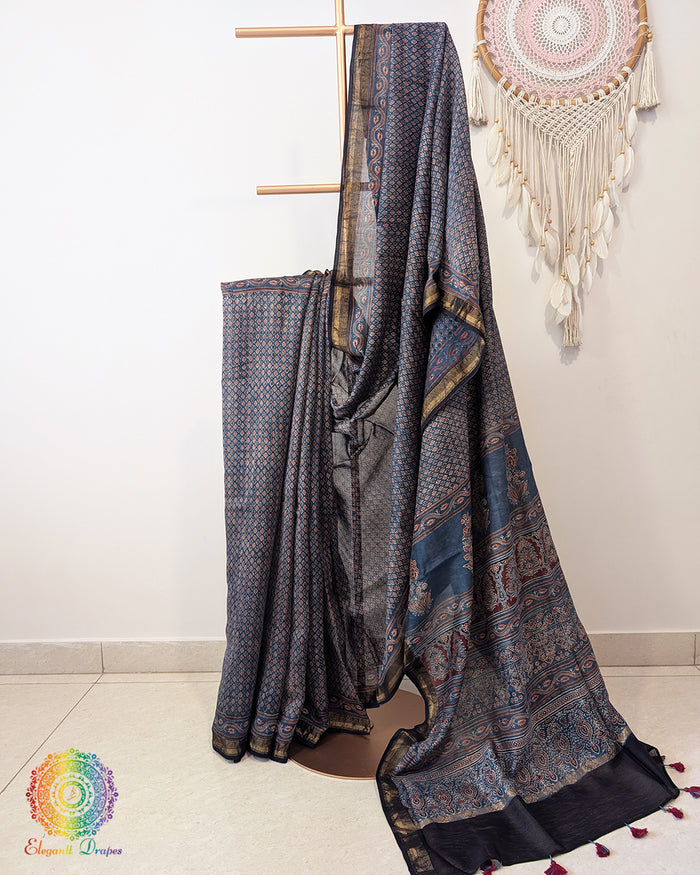 Blue Chanderi Ajrakh Saree – Ajrakh Saree Online India | Elegantt Drapes
