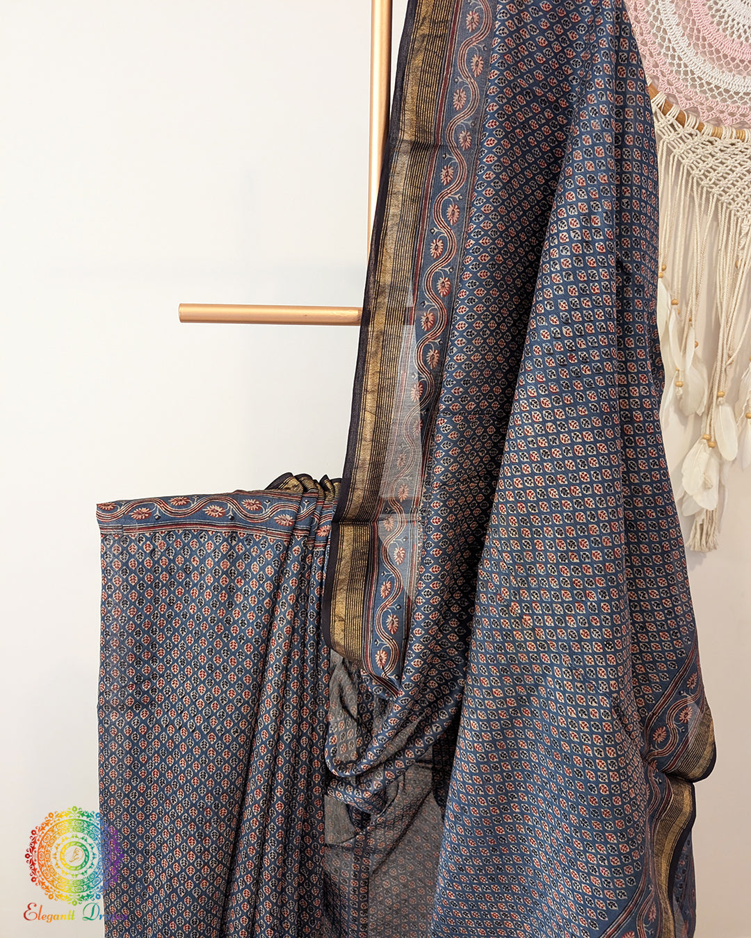 Blue Chanderi Ajrakh Saree – Ajrakh Saree Online India | Elegantt Drapes