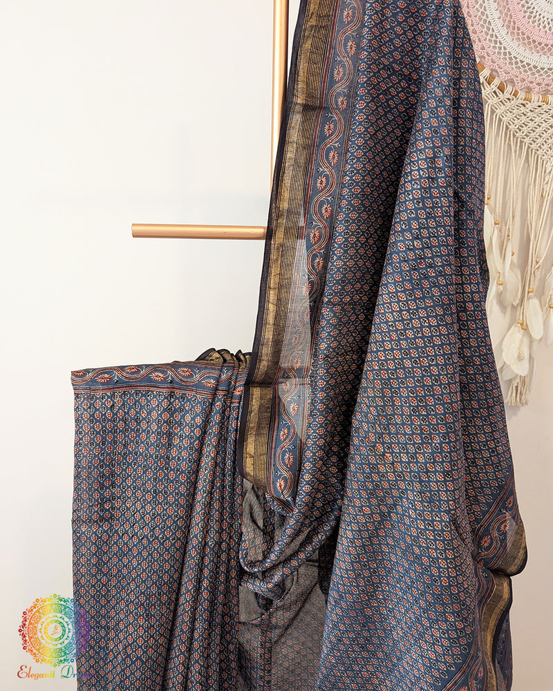 Blue Chanderi Ajrakh Saree – Ajrakh Saree Online India | Elegantt Drapes