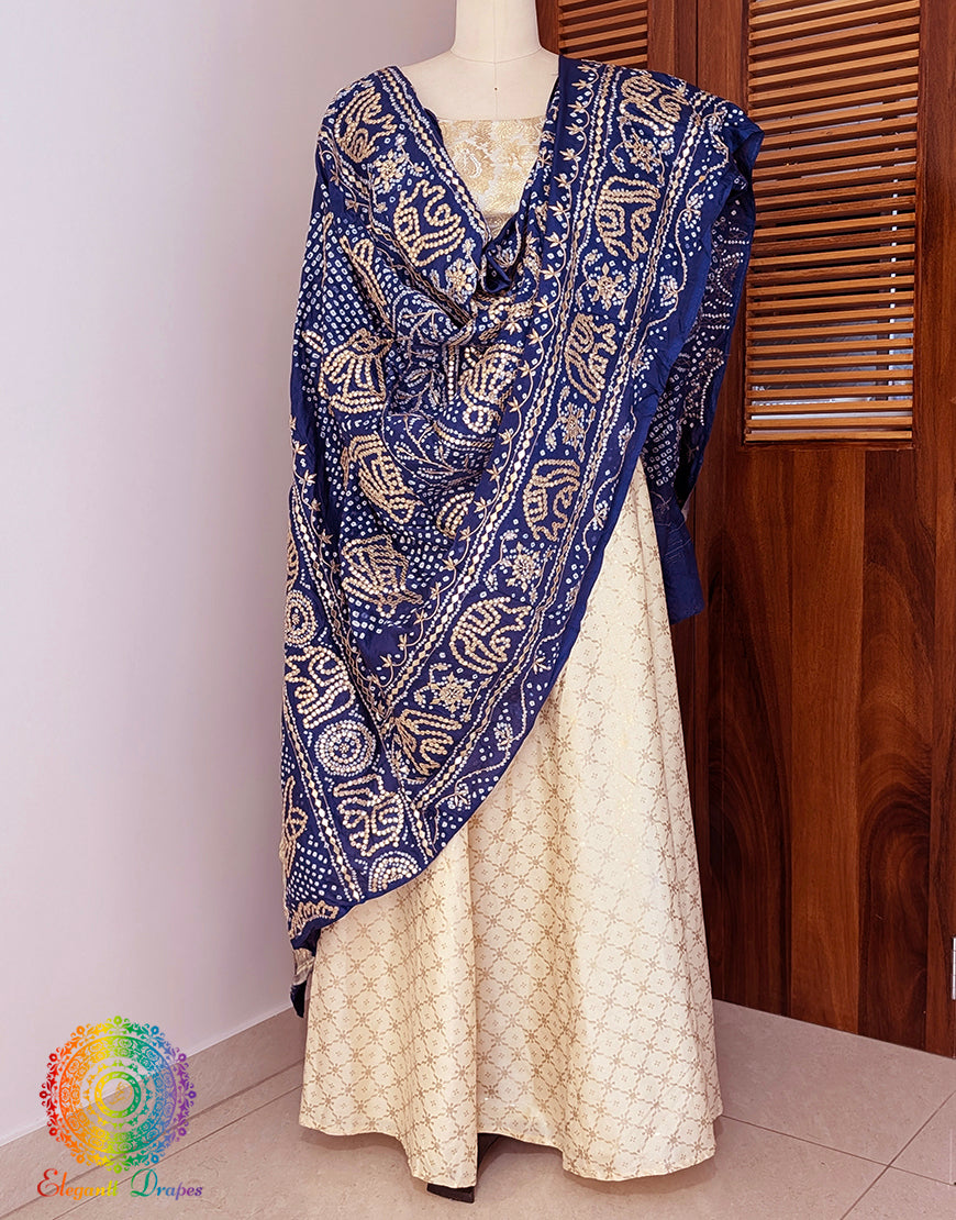 Blue Gaji Silk Bandhani Gota Patti Handwork Dupatta