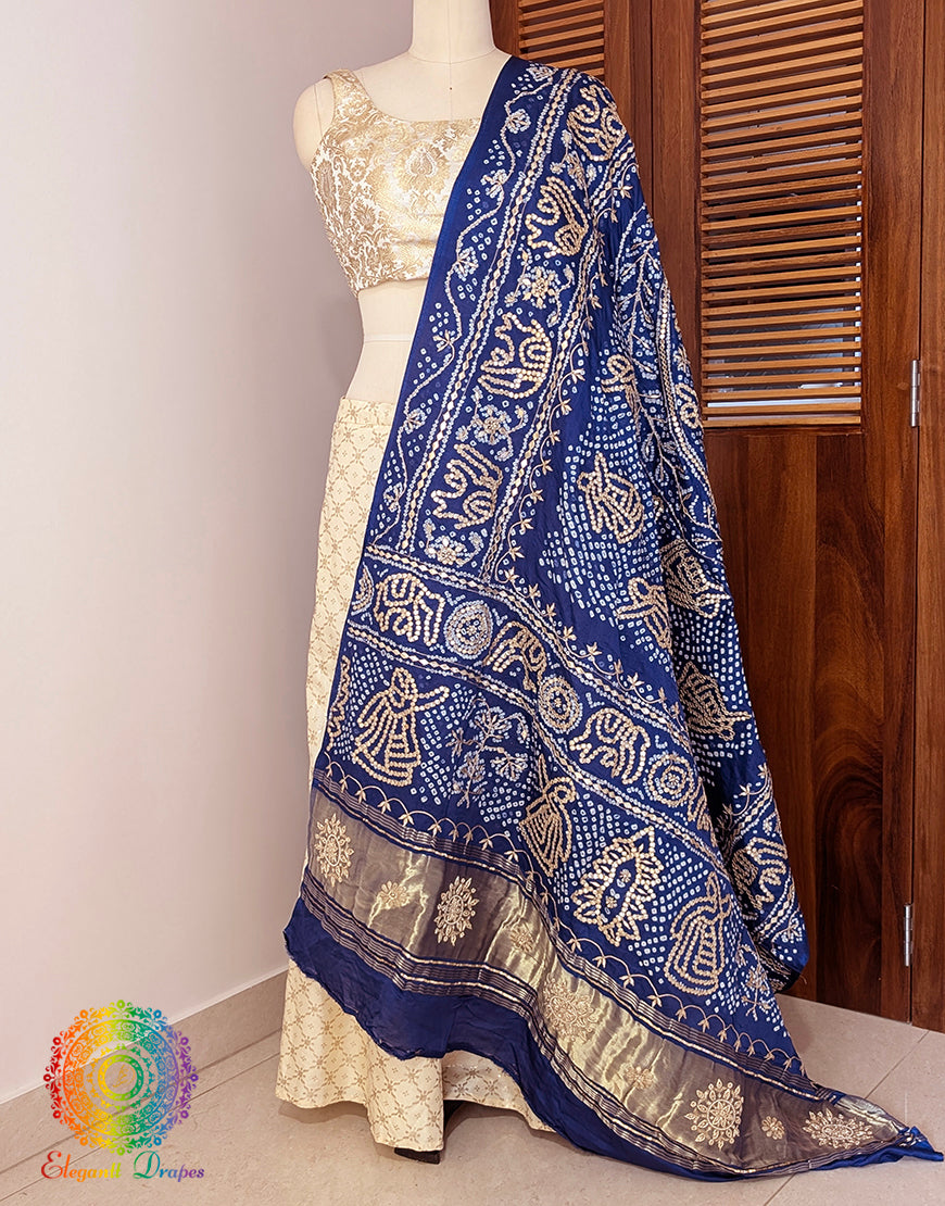 Blue Gaji Silk Bandhani Gota Patti Handwork Dupatta