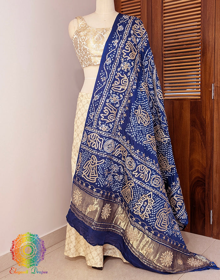 Blue Gaji Silk Bandhani Gota Patti Handwork Dupatta