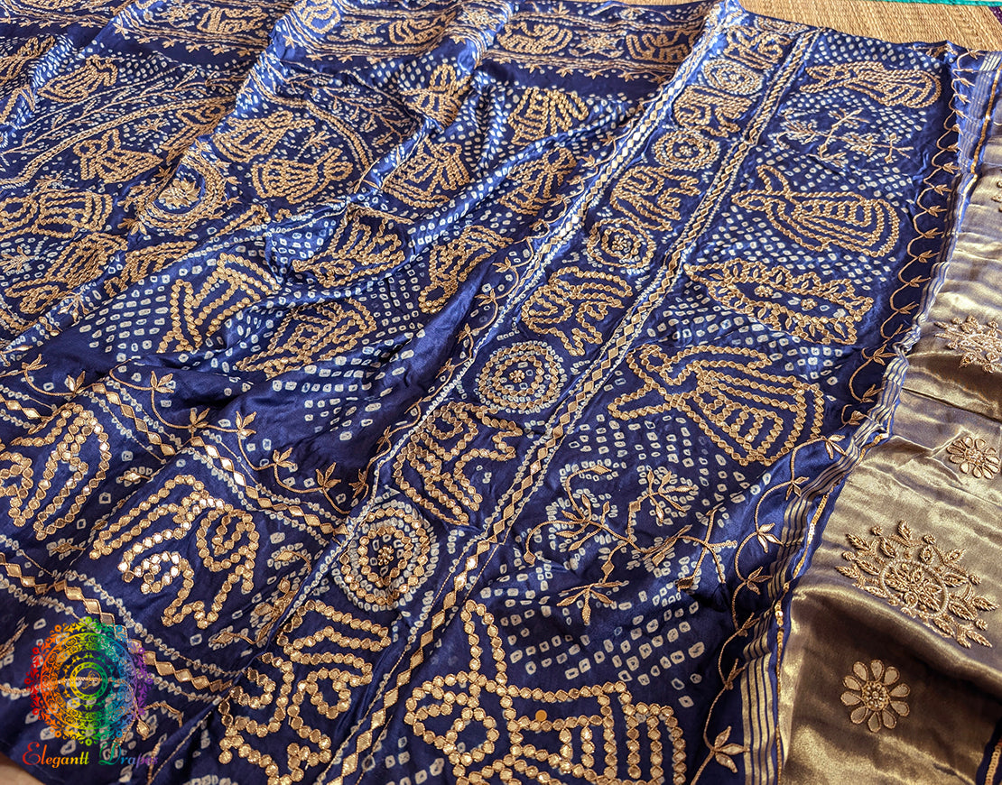 Blue Gaji Silk Bandhani Gota Patti Handwork Dupatta