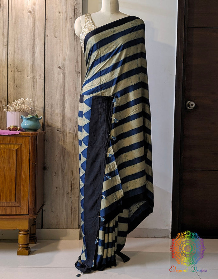 Indigo Blue Modal Silk Ajrakh Saree – Ajrakh Saree Online India | Elegantt Drapes