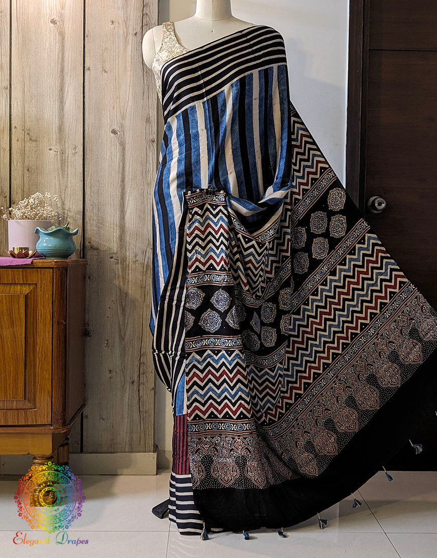 Blue Modal Silk Ajrakh Saree 2 – Ajrakh Saree Online India | Elegantt Drapes