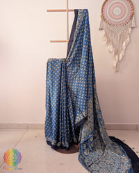 Ink Blue Modal Silk Ajrakh Saree – Ajrakh Saree Online India | Elegantt Drapes