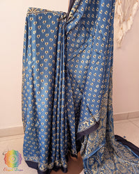 Ink Blue Modal Silk Ajrakh Saree – Ajrakh Saree Online India | Elegantt Drapes