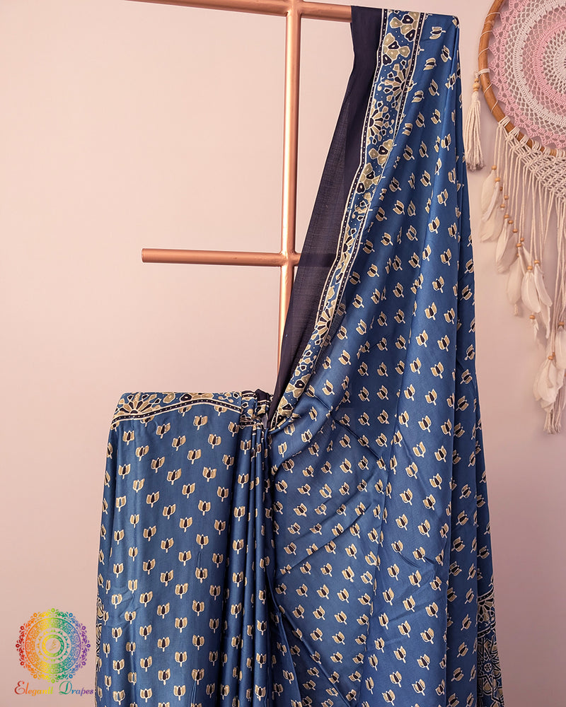 Ink Blue Modal Silk Ajrakh Saree – Ajrakh Saree Online India | Elegantt Drapes