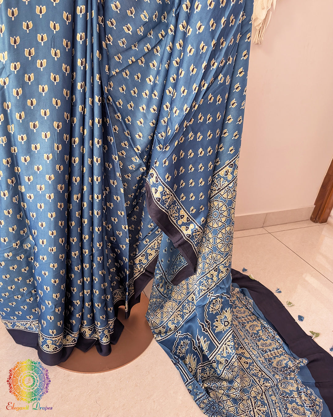 Ink Blue Modal Silk Ajrakh Saree – Ajrakh Saree Online India | Elegantt Drapes