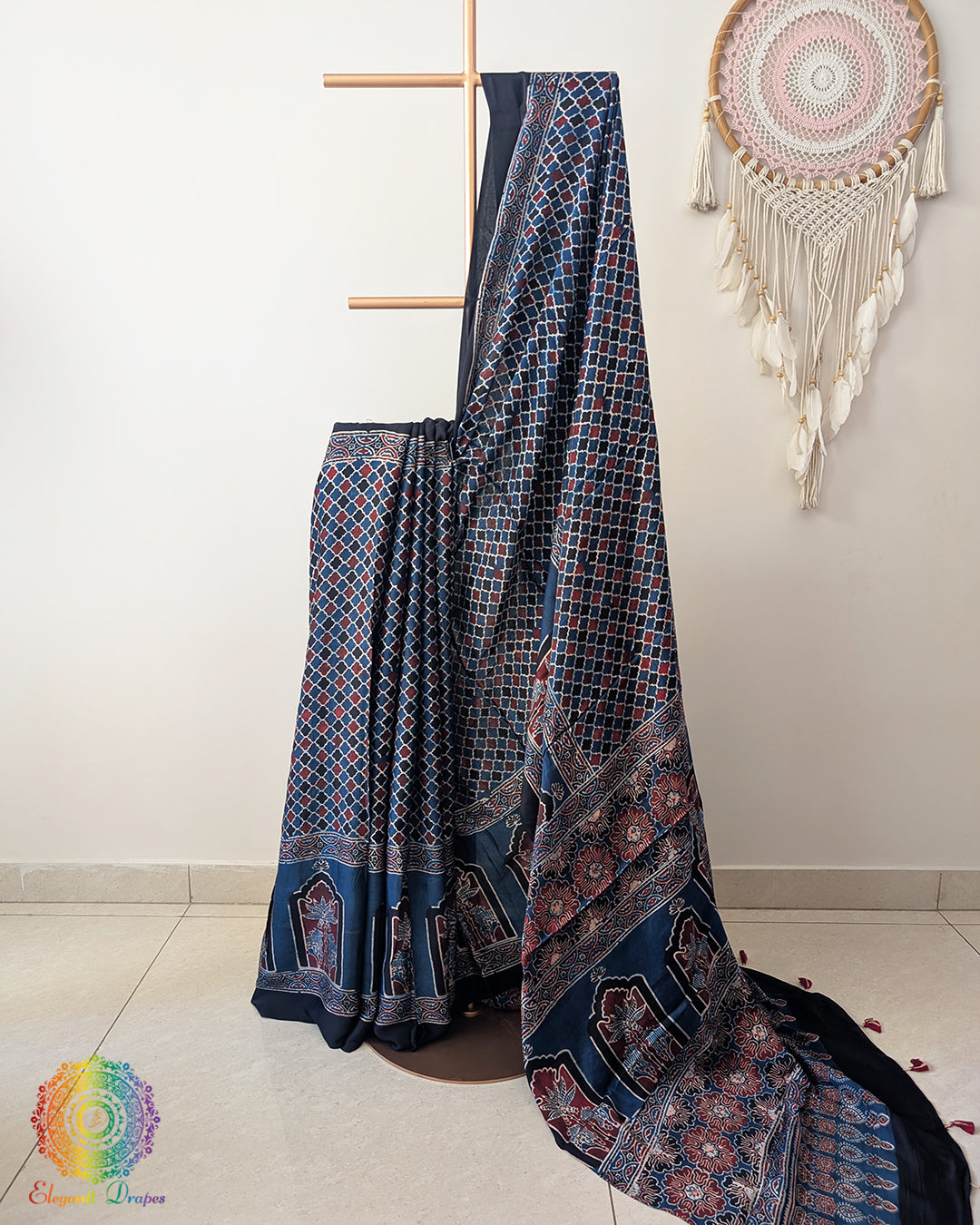 Blue Modal Silk Ajrakh Saree – Ajrakh Saree Online India | Elegantt Drapes