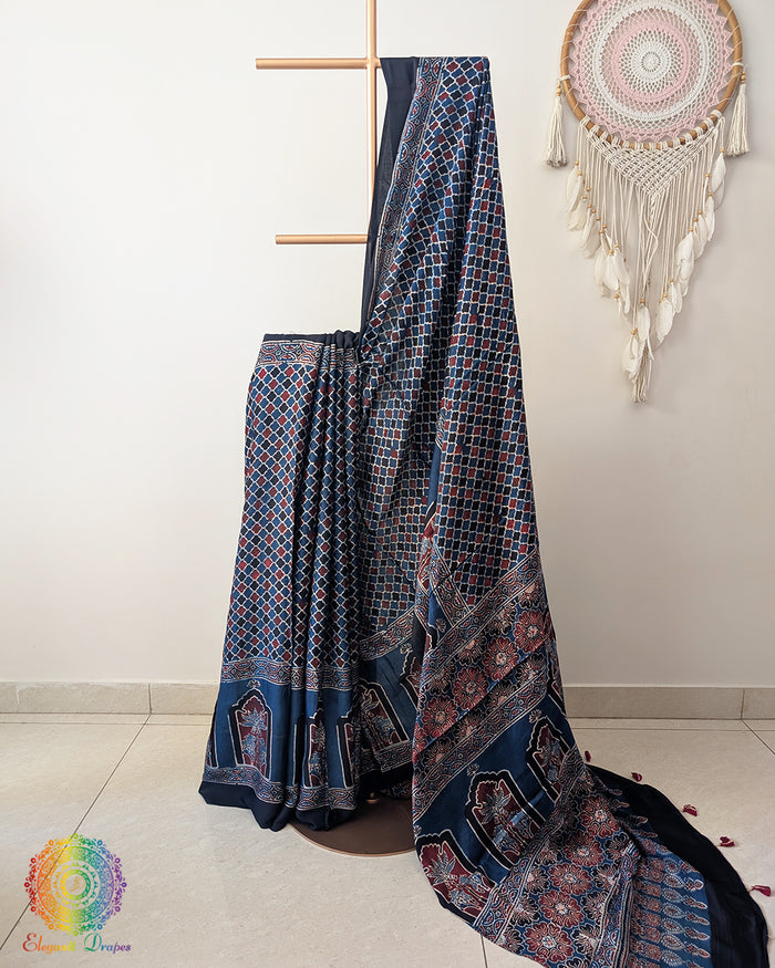 Blue Modal Silk Ajrakh Saree – Ajrakh Saree Online India | Elegantt Drapes