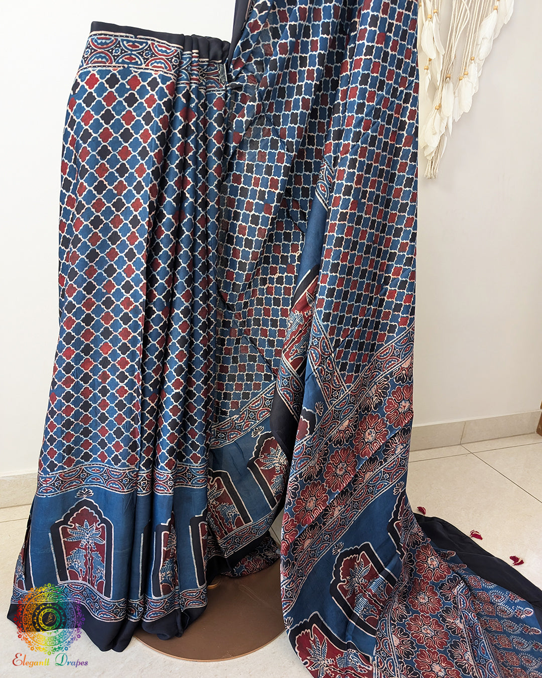 Blue Modal Silk Ajrakh Saree – Ajrakh Saree Online India | Elegantt Drapes