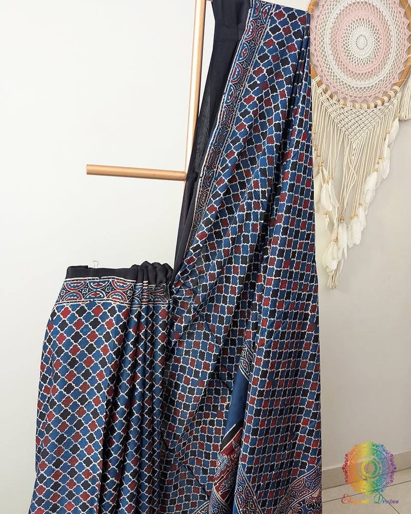 Blue Modal Silk Ajrakh Saree – Ajrakh Saree Online India | Elegantt Drapes