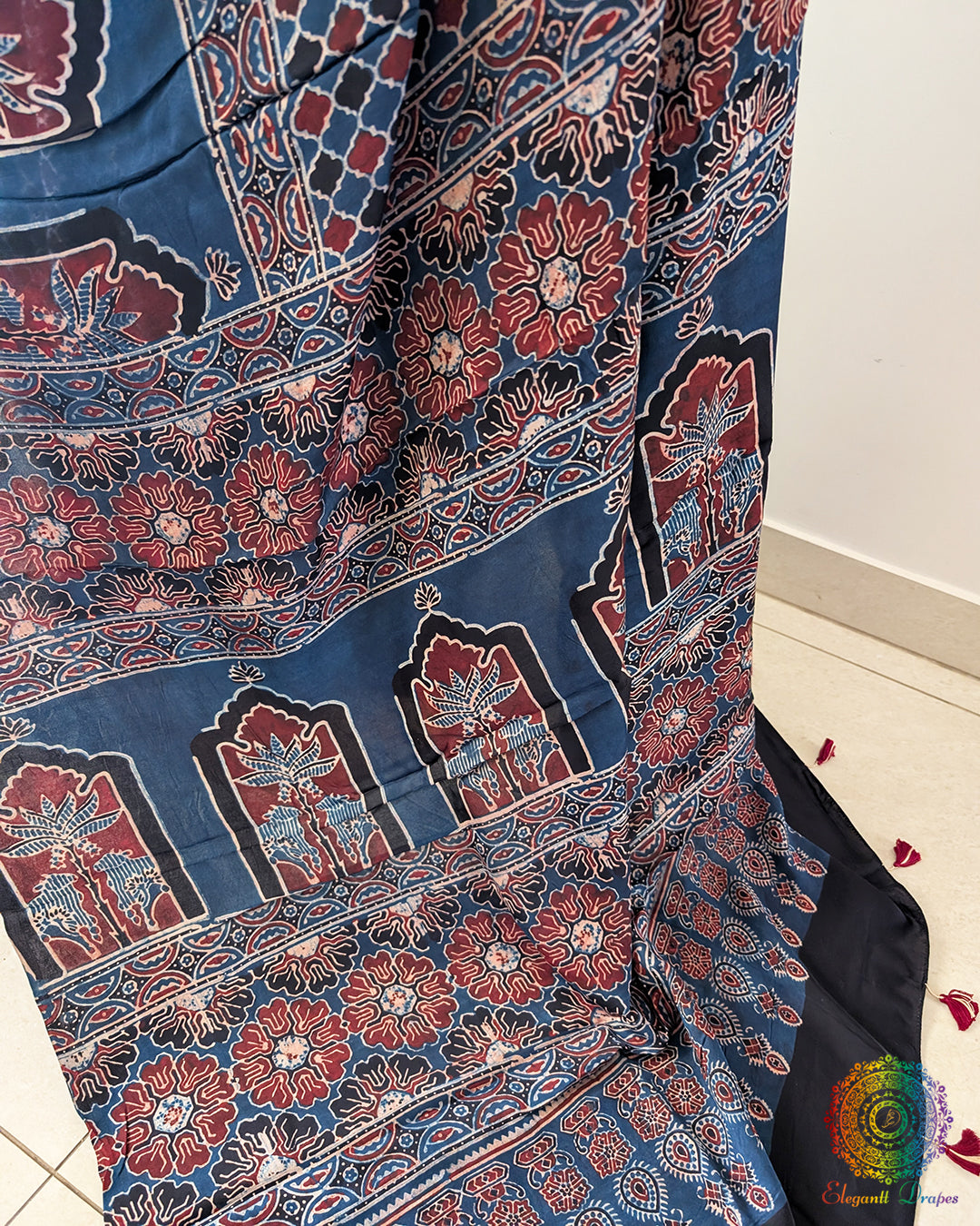 Blue Modal Silk Ajrakh Saree – Ajrakh Saree Online India | Elegantt Drapes