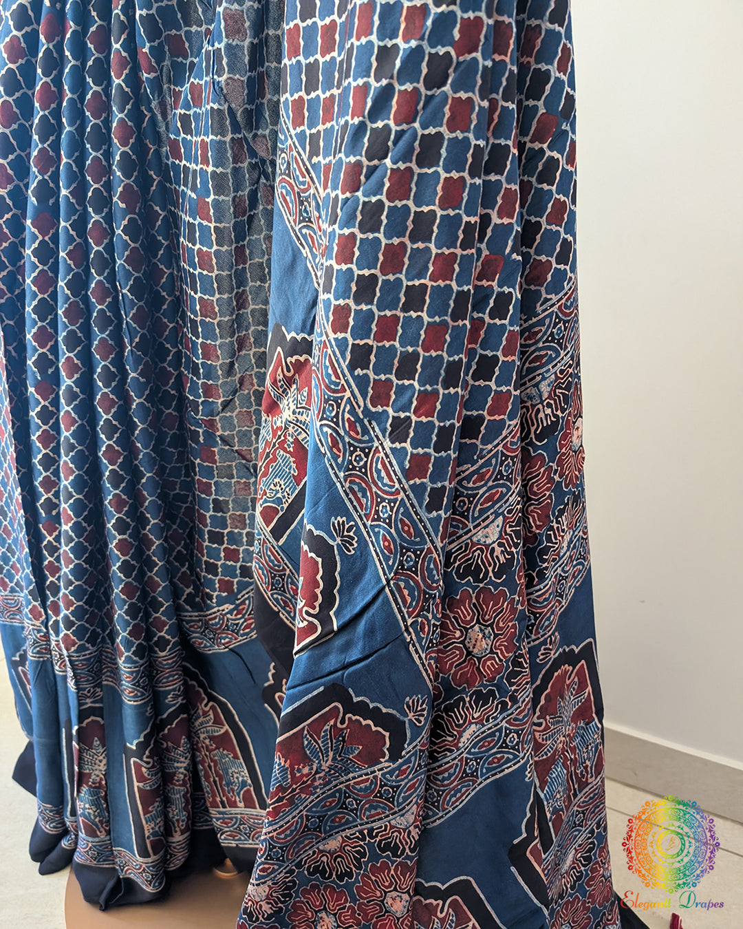 Blue Modal Silk Ajrakh Saree – Ajrakh Saree Online India | Elegantt Drapes