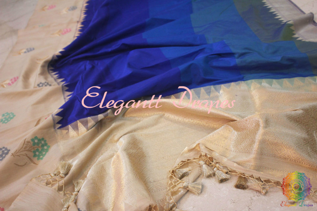 Blue Shaded Pure Banarasi Handloom Katan Silk Kadhiyal Saree | Elegantt Drapes
