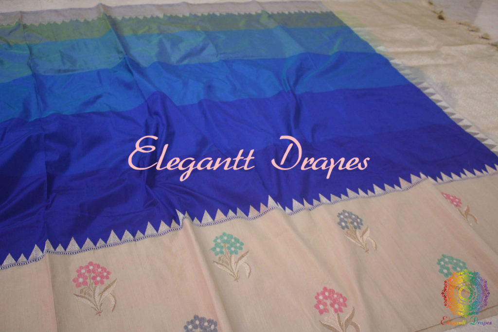 Blue Shaded Pure Banarasi Handloom Katan Silk Kadhiyal Saree | Elegantt Drapes