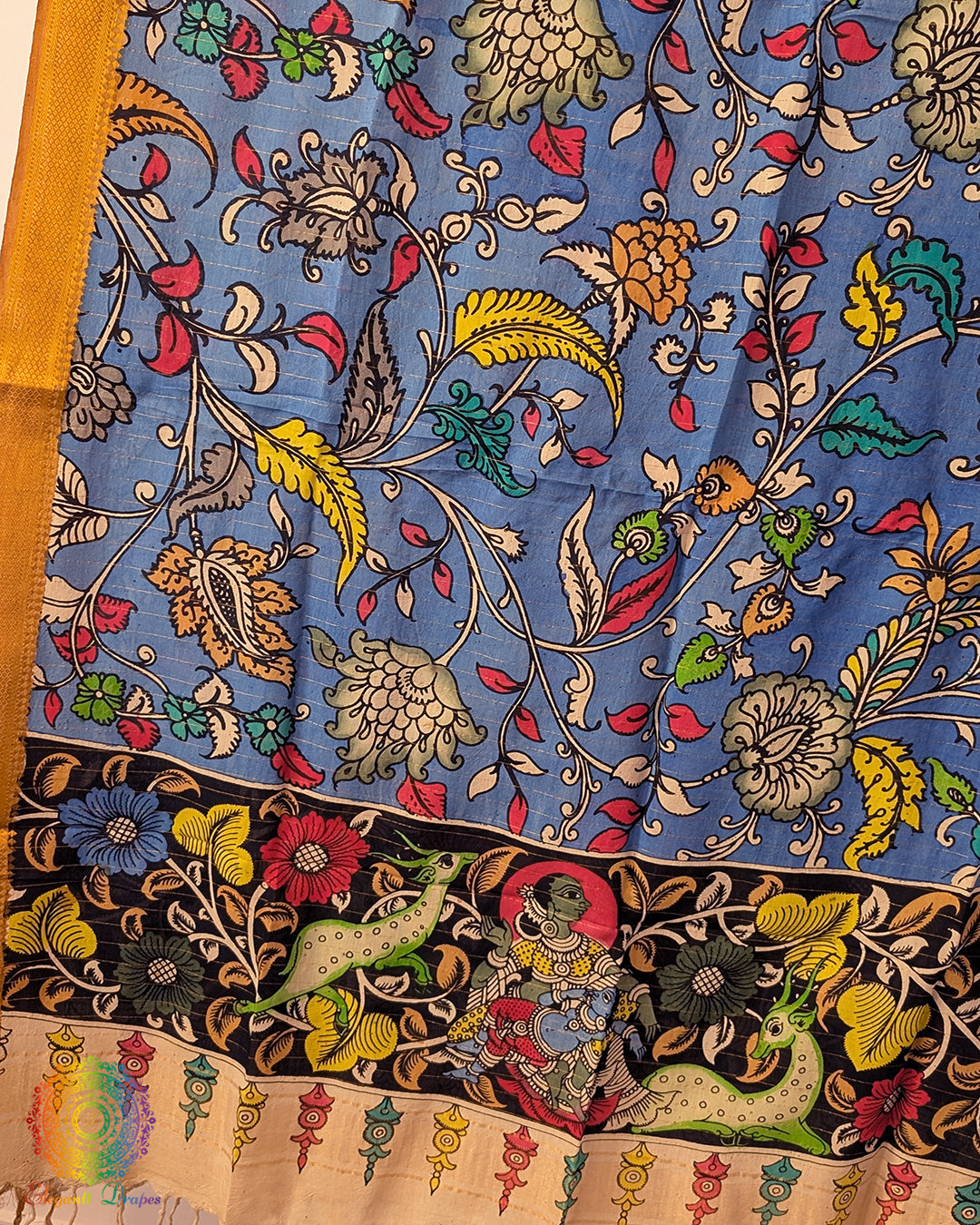 Blue Floral Kalamkari Pure Bangalore Silk Dupatta – Handloom Saree Online India | Elegantt Drapes