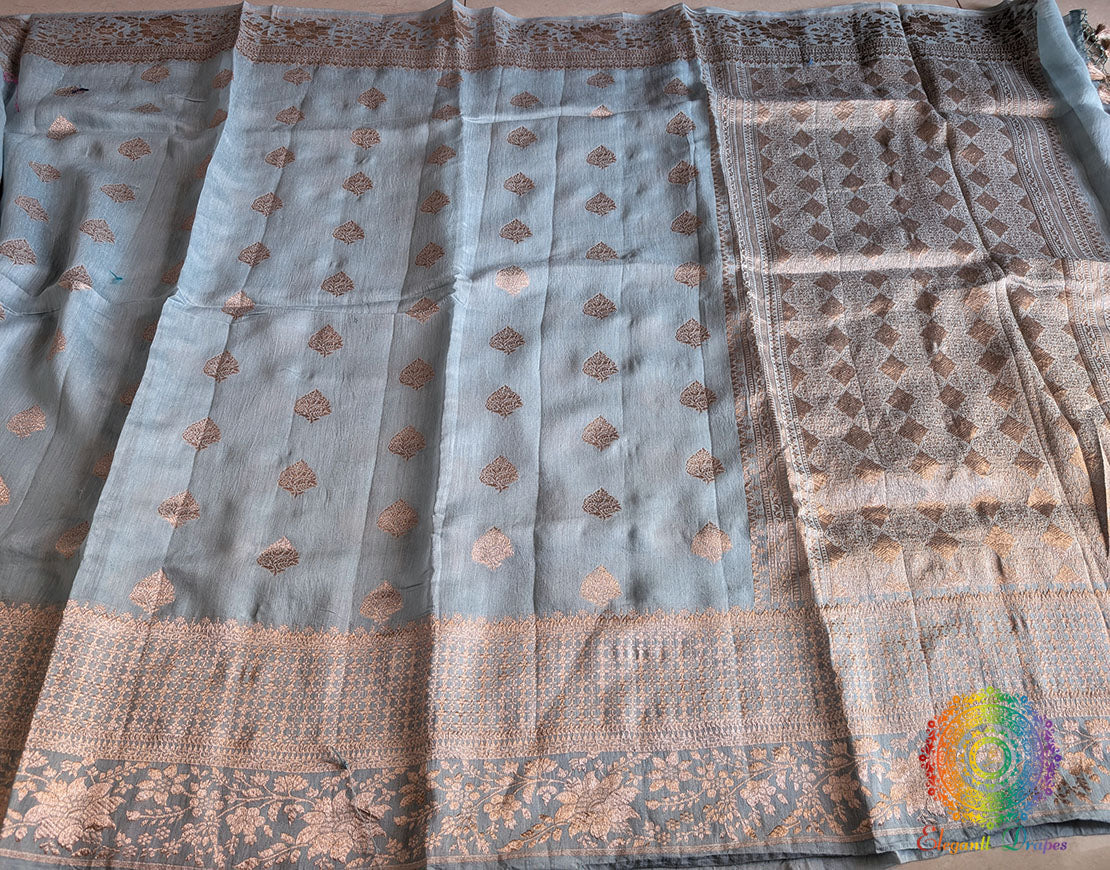 Grey Banarasi Handloom Pure Linen Saree – Handloom Saree Online India | Elegantt Drapes